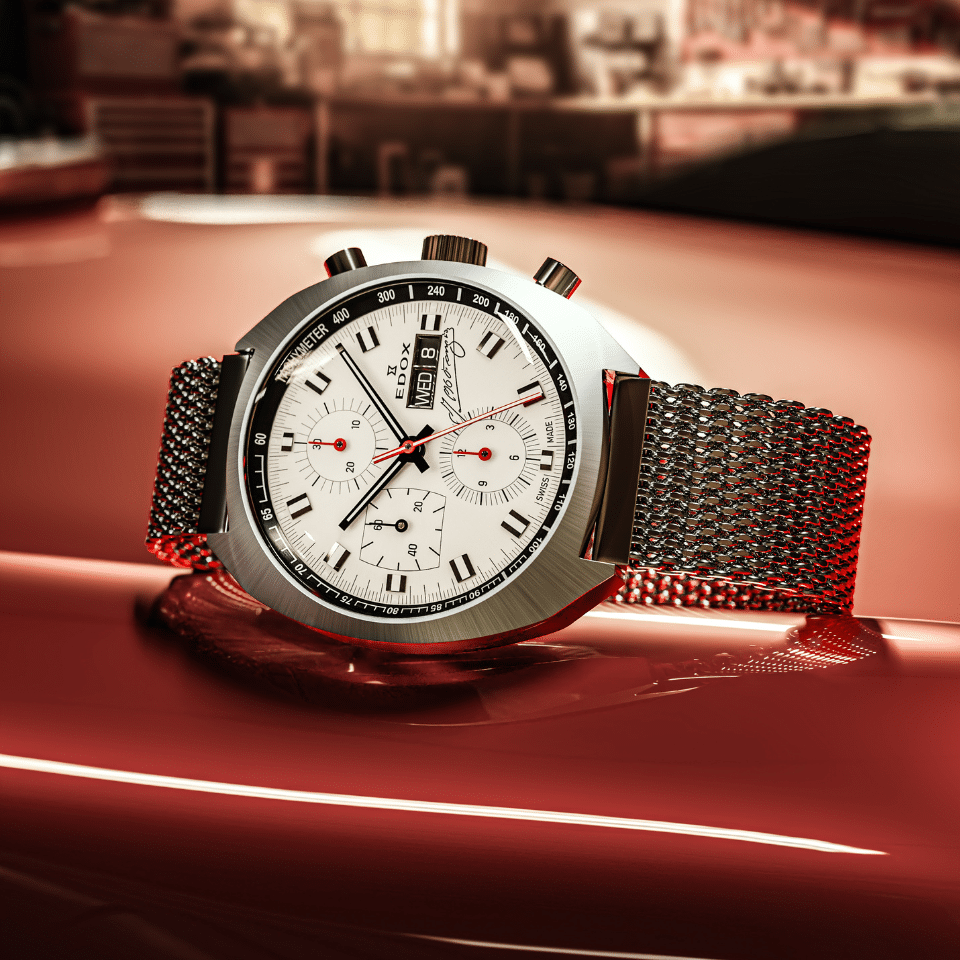 A tribute to racing legend Juan Manuel Fangio, the Edox Fangio Limited Edition combines vintage-inspired design with modern refinement.